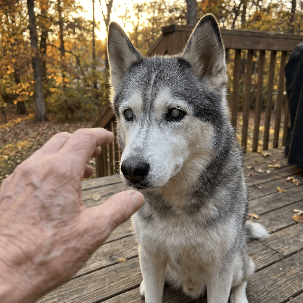 Senior husky with cataracts sitting on a wooden deck as a hand reaches out.