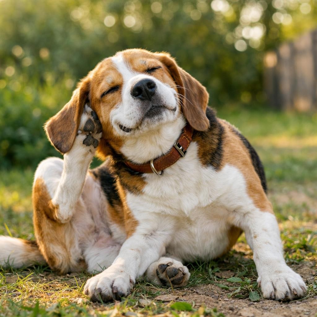 Beagle dog sitting on grass outdoors scratching its ear with its hind leg