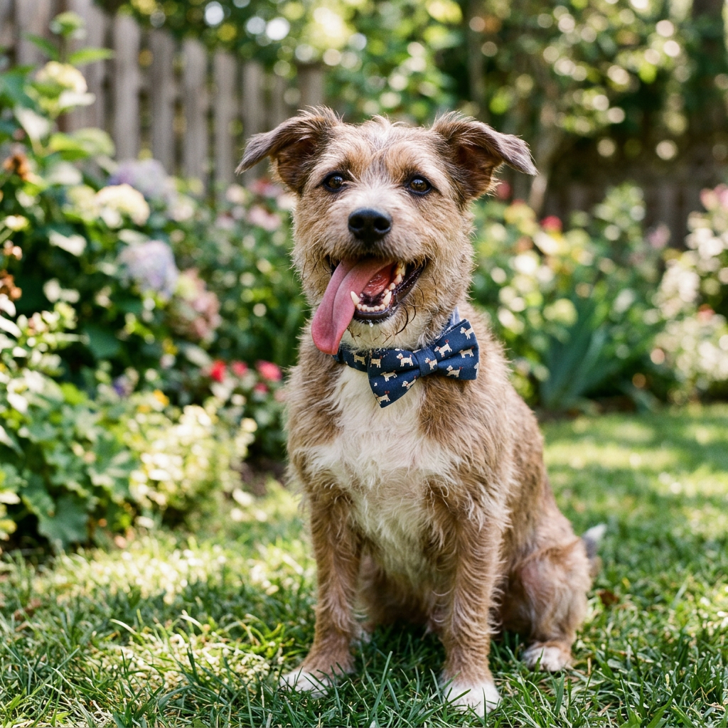 Brown and white dog sitting on grass with a blue bow tie in a flower garden